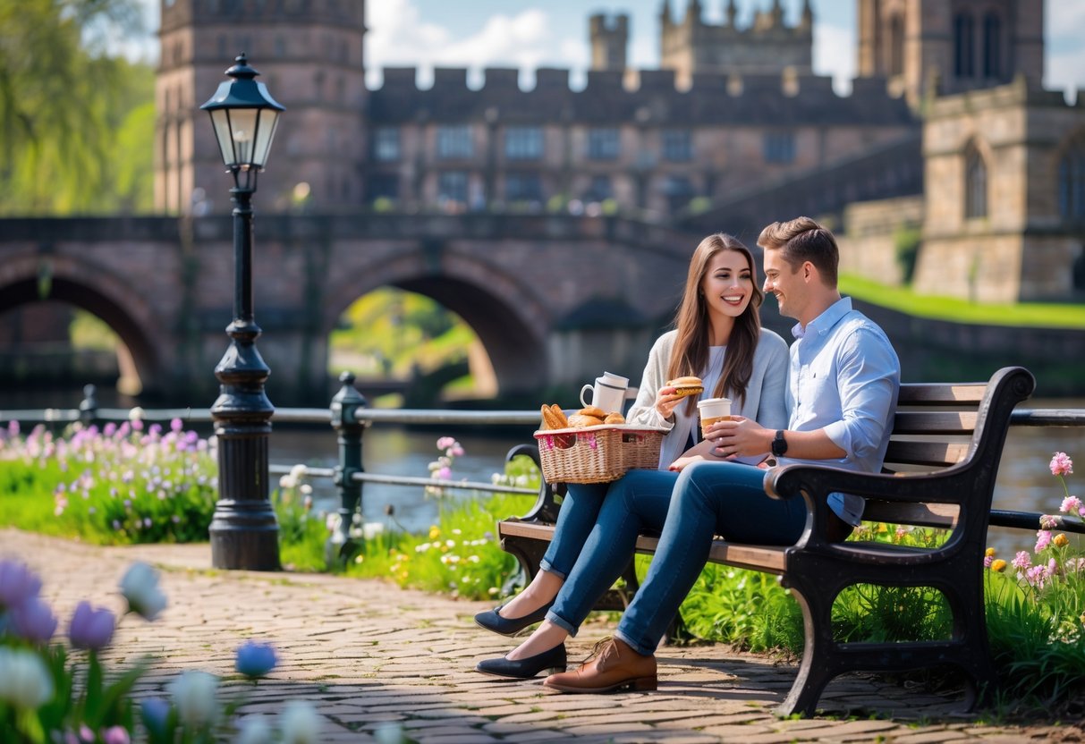 A young couple enjoying a picnic near historic city walls and a river in Chester, UK, with medieval architecture and a clock tower in the background.