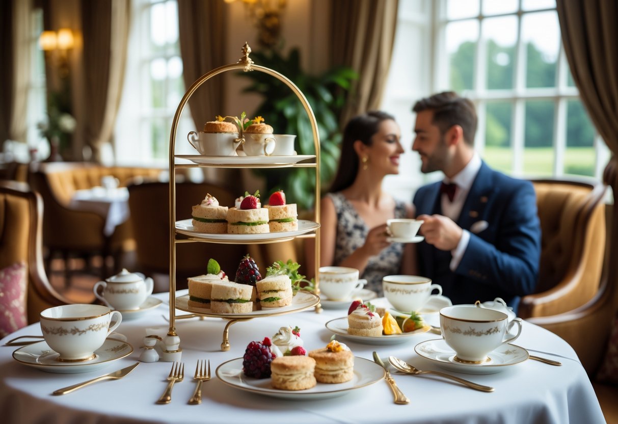 A table set for afternoon tea with fine china, sandwiches, scones, and pastries in an elegant tea room at The Chester Grosvenor.