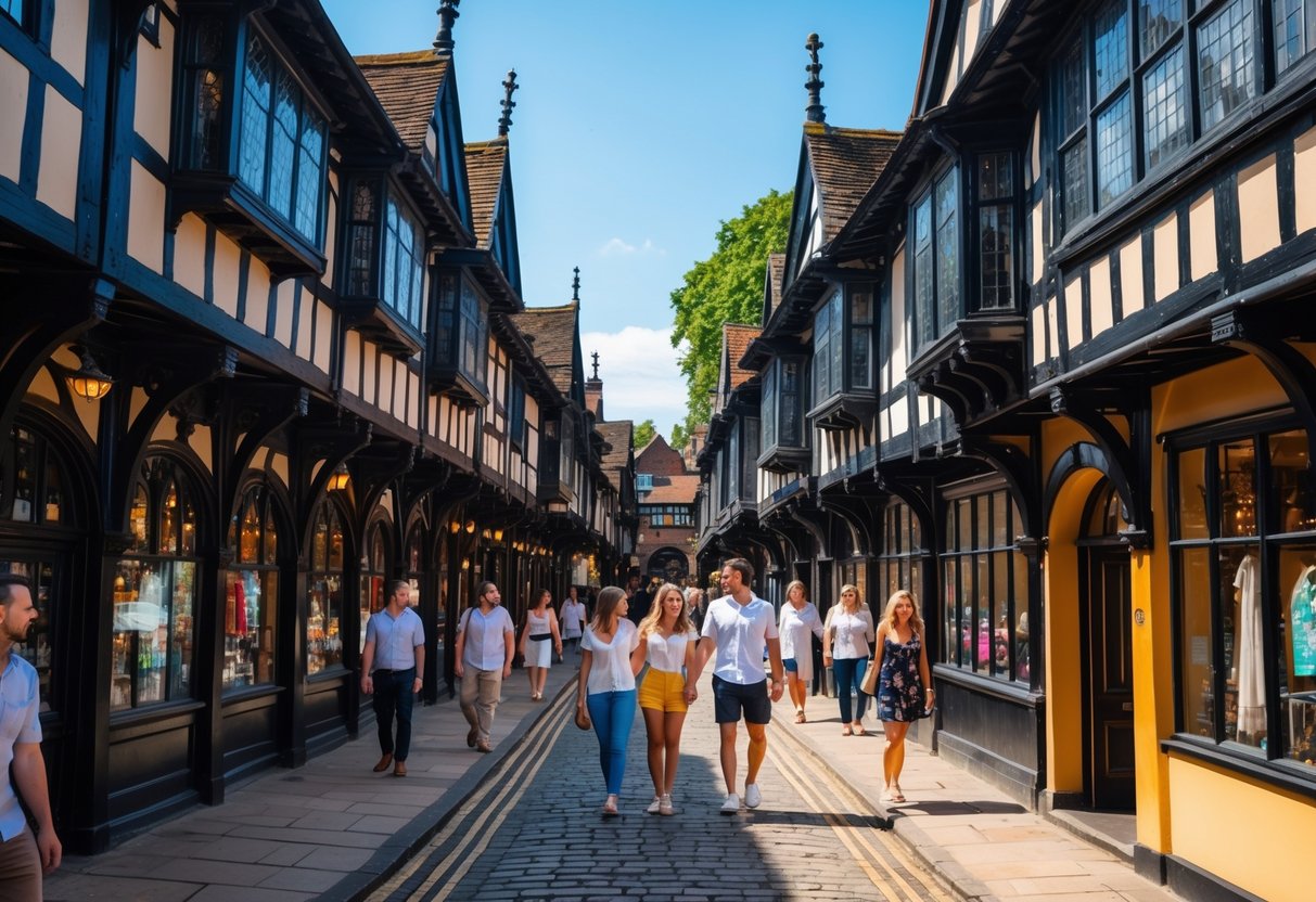 Couples walking along a cobblestone street lined with medieval timber-framed buildings and wooden balconies in Chester, UK.