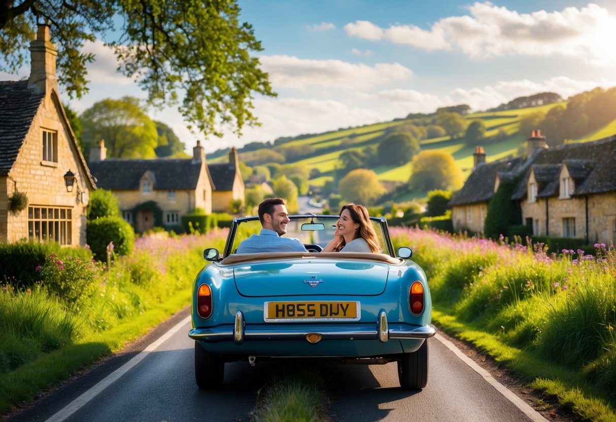 A couple driving a classic convertible car along a winding country road with green hills and stone cottages in the background.