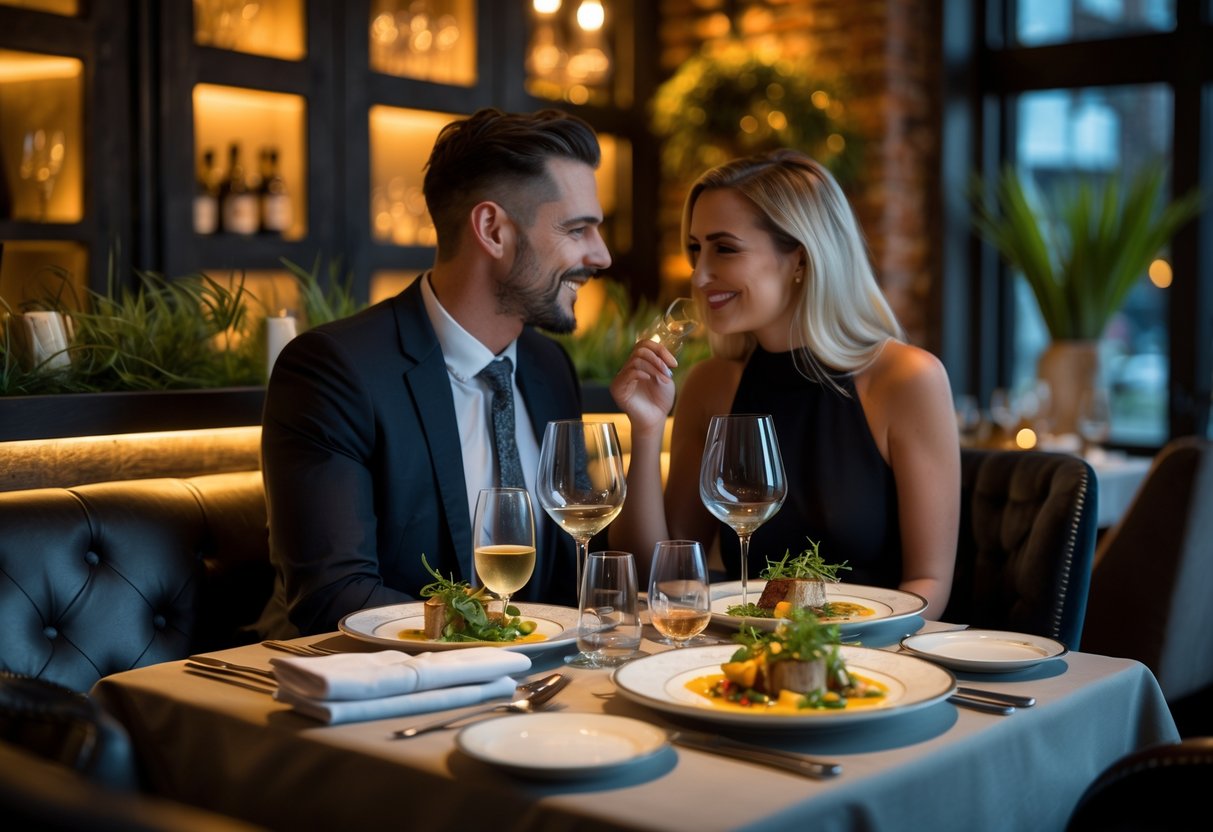 A couple enjoying a romantic dinner at an intimate table in a stylish restaurant.