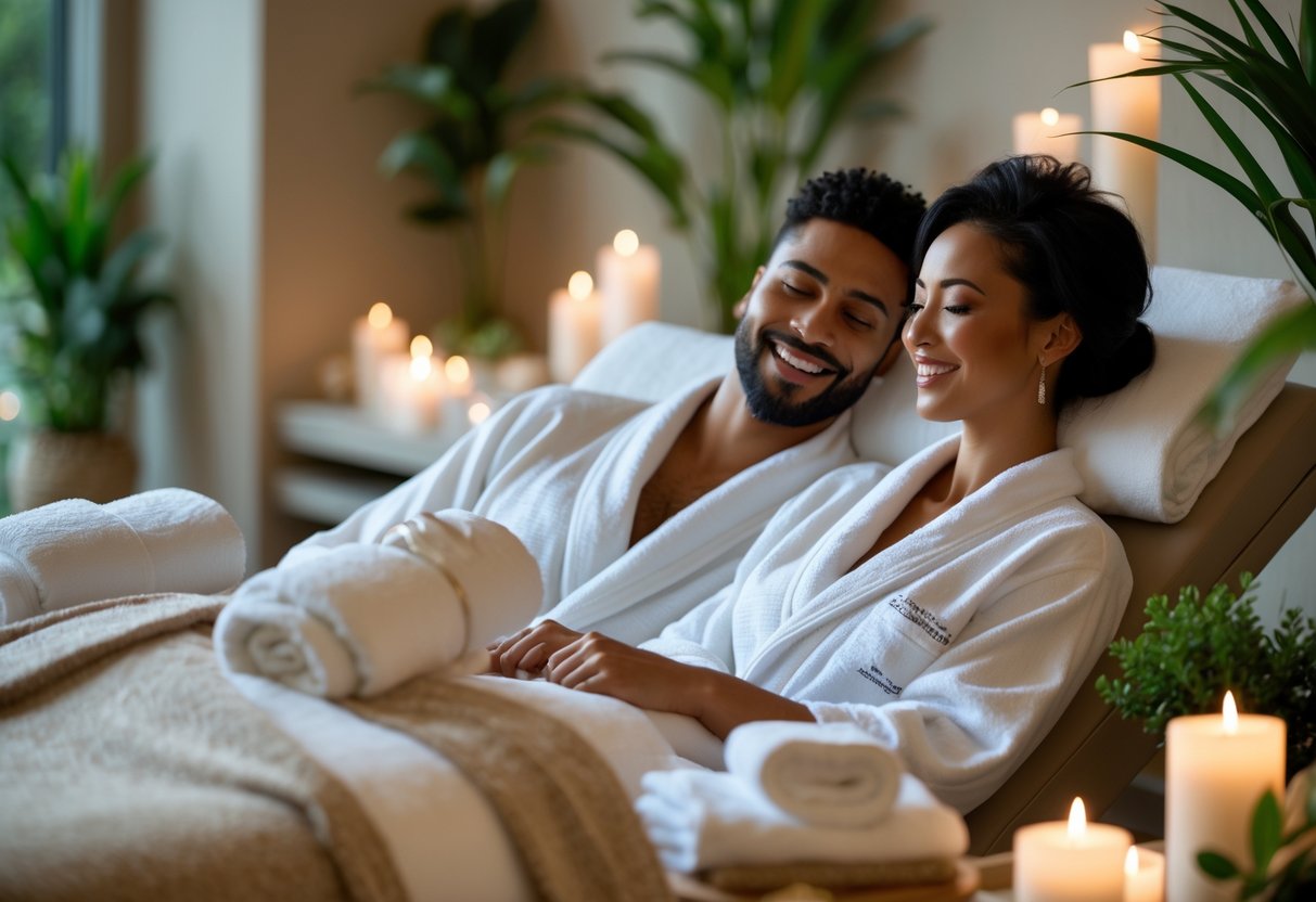 A couple relaxing together in a serene spa setting with massage beds, plants, and soft lighting.