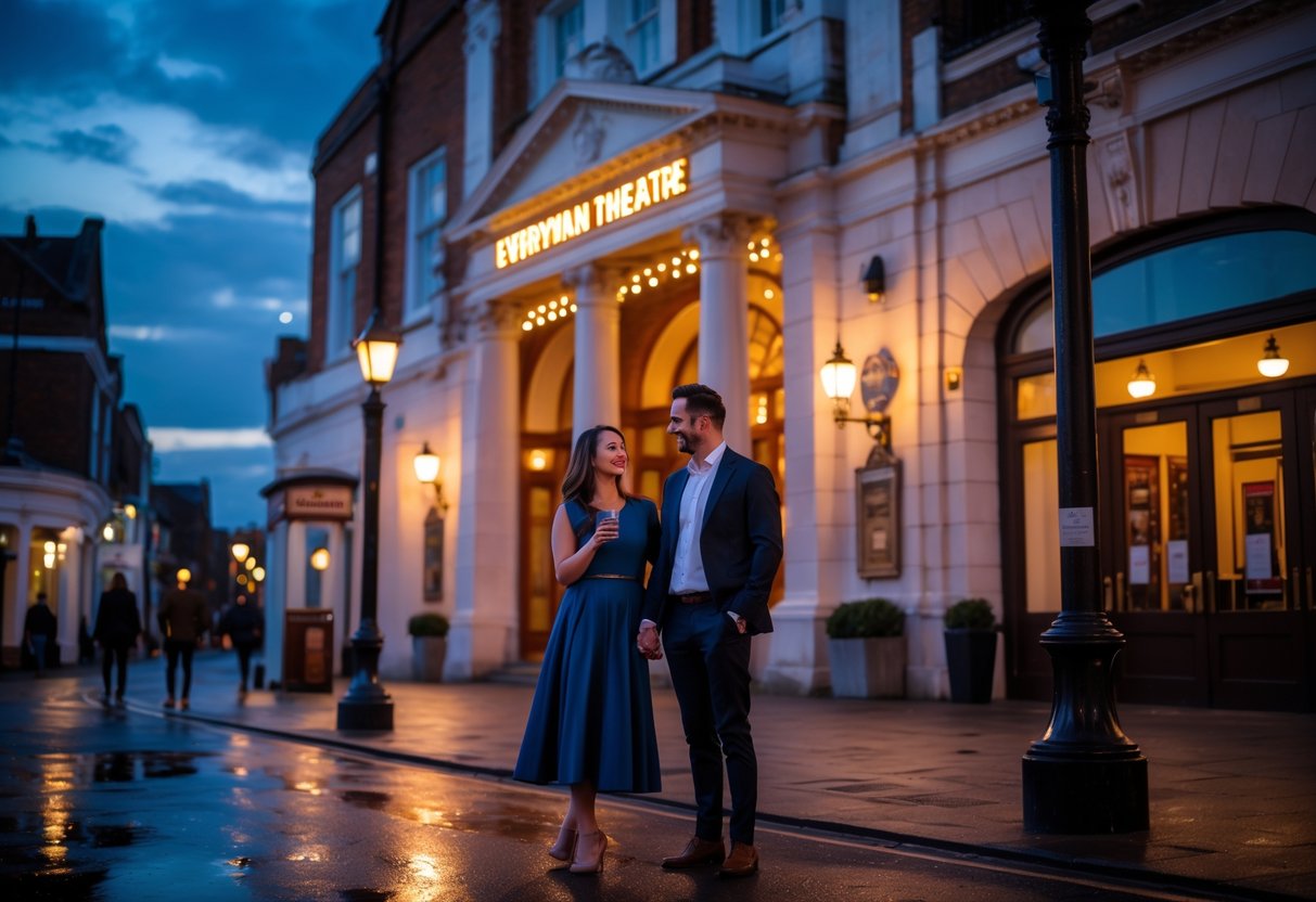 A couple standing outside the Everyman Theatre in Cheltenham during the evening, with the theatre's lit facade in the background.