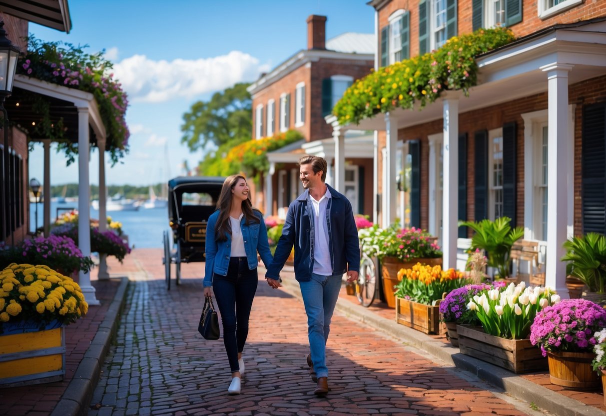 A couple walking hand-in-hand on a cobblestone street in Charleston with historic buildings, a horse-drawn carriage, market stalls, and a waterfront in the background.