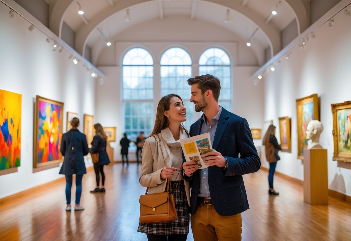 A young couple admiring paintings inside a bright art gallery with other visitors in the background.