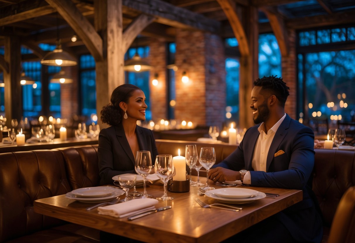 A couple enjoying a romantic dinner at a cozy restaurant with warm lighting and rustic decor.