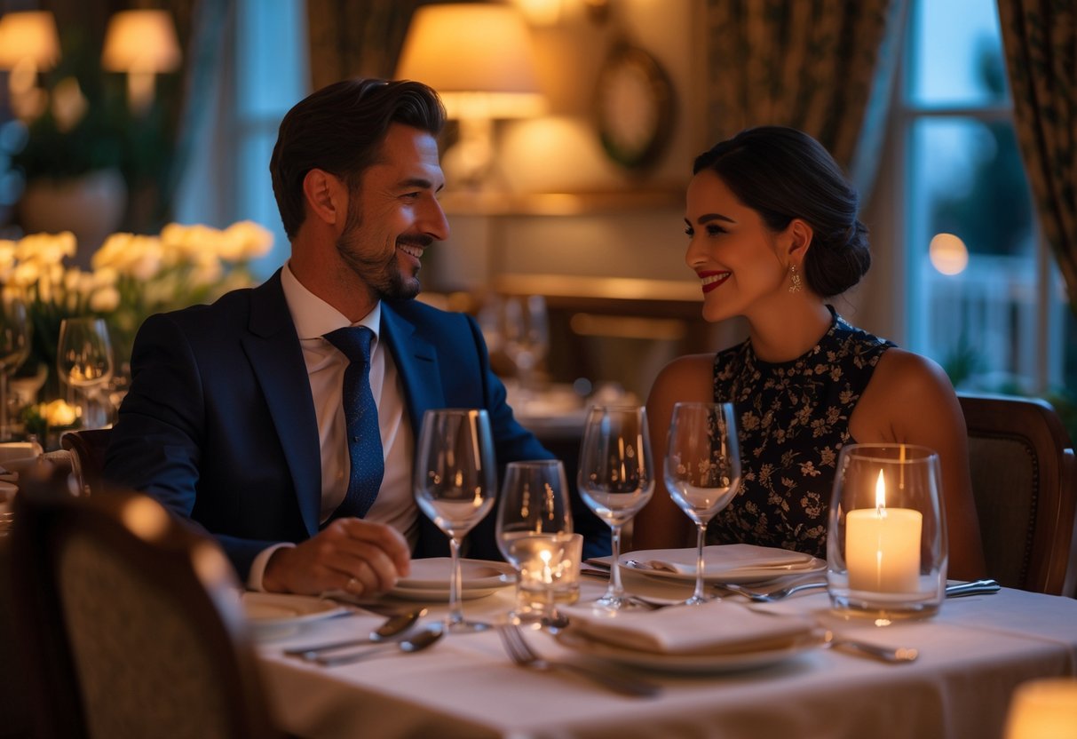A couple enjoying a romantic dinner together at a stylish restaurant table with warm lighting.