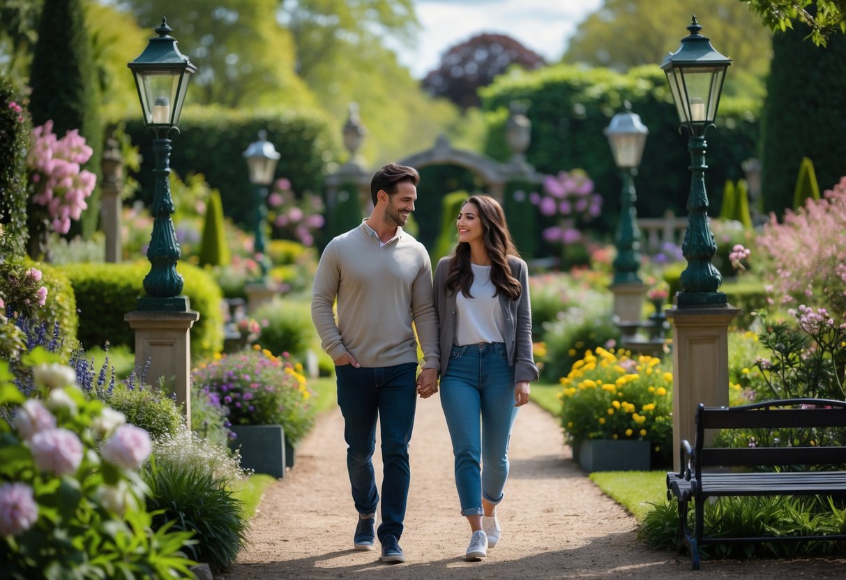 A couple walking hand-in-hand through a green garden with flowers and pathways.