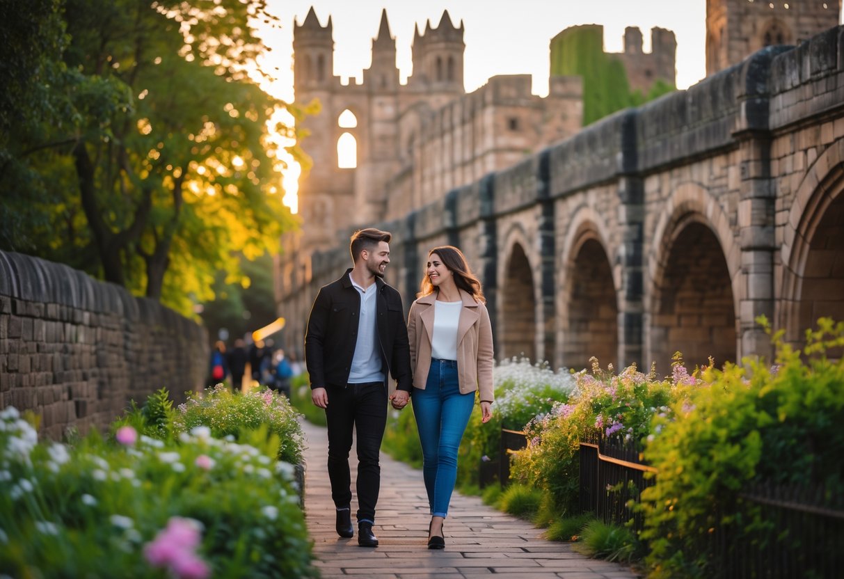 A young couple walking hand in hand along historic city walls with ancient stone buildings and greenery around them.