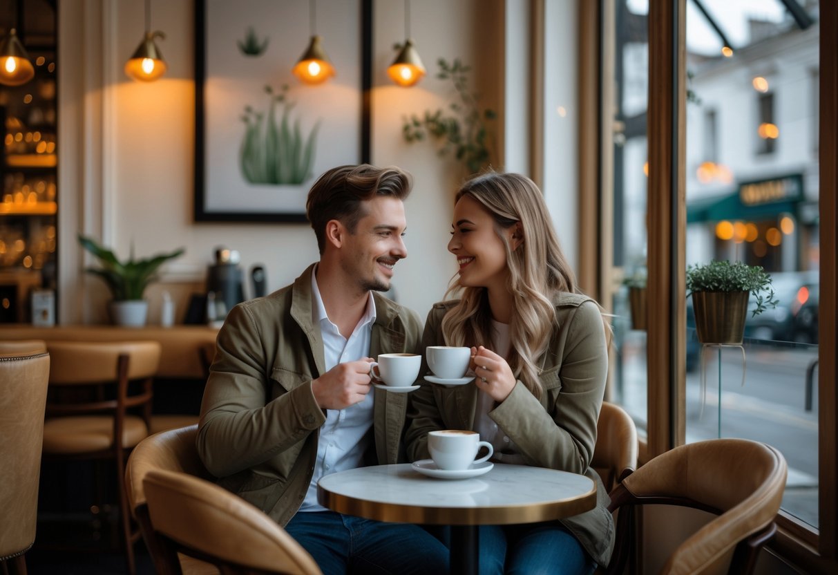 A young couple enjoying coffee together at a stylish café table by a window.