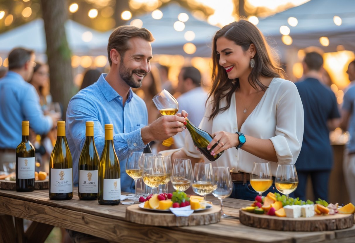 A couple tasting wine and enjoying gourmet food at an outdoor festival with other people in the background.