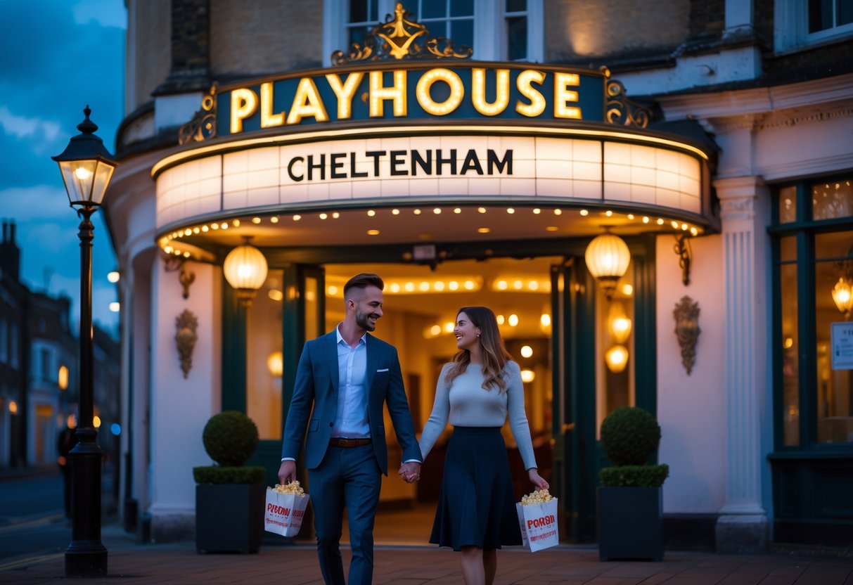 A couple holding hands and smiling outside a vintage playhouse cinema at night.