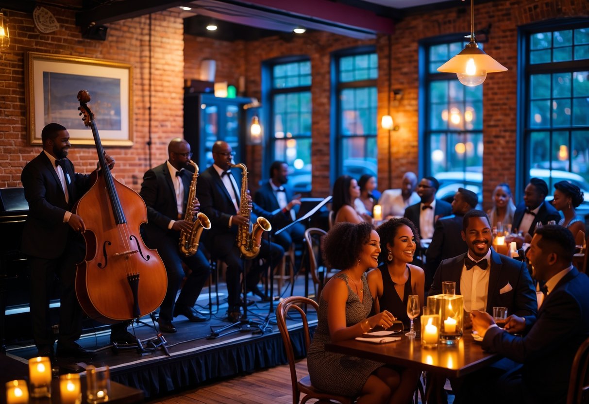 Couples enjoying live jazz music at a cozy jazz club with musicians playing instruments on stage.