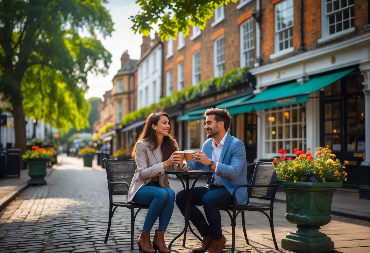 A young couple sitting at a café table on a cobblestone street in Cheltenham, enjoying coffee together with historic buildings and greenery around them.