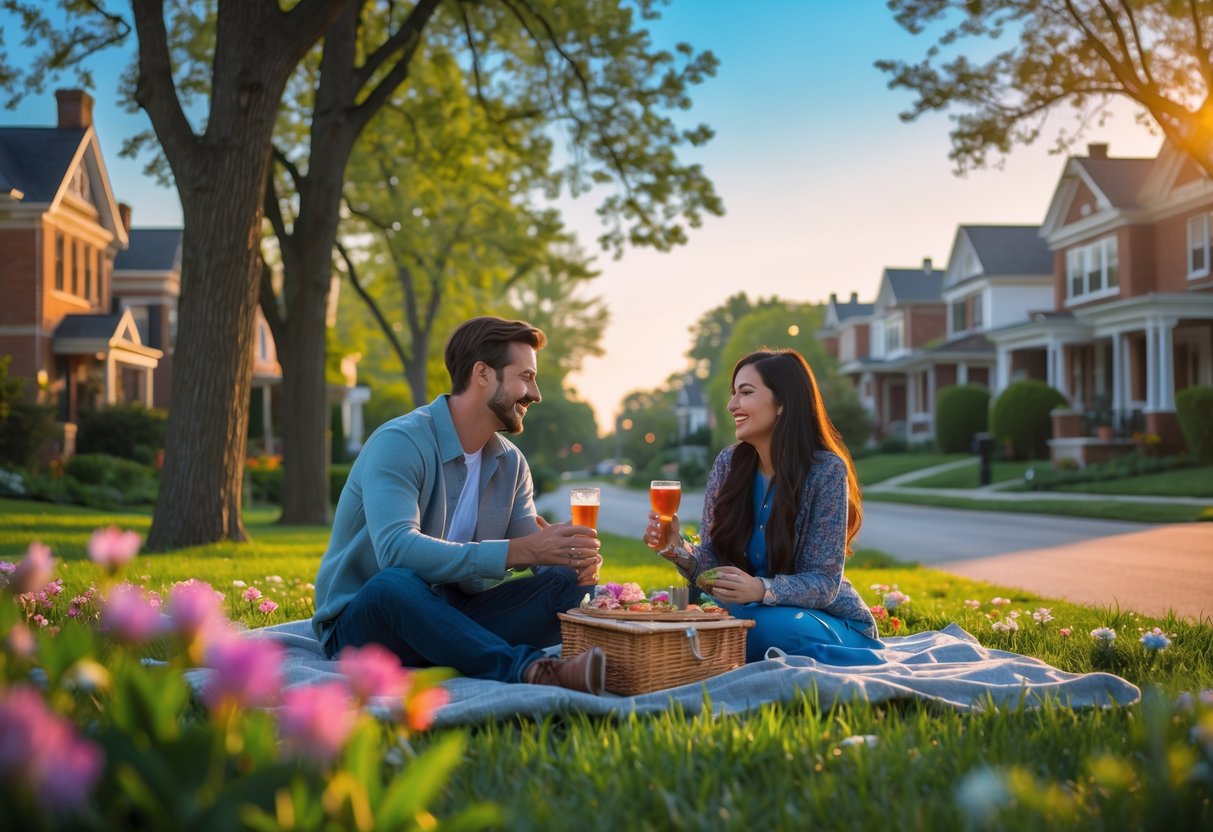 A young couple having a picnic in a green park surrounded by trees and suburban houses in the background during sunset.