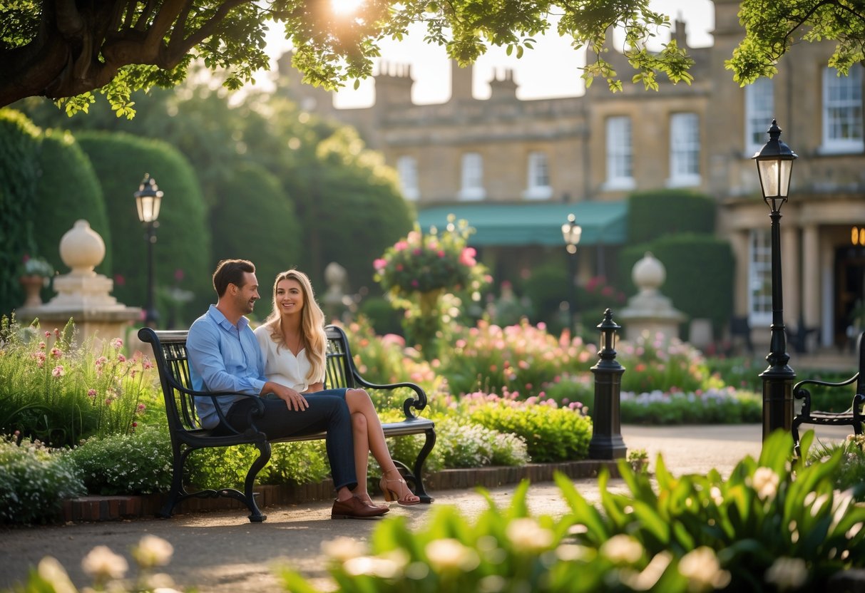 A couple enjoying a peaceful moment together in a lush garden with flowers and trees, near classic buildings.