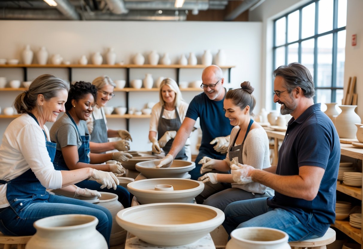 Adults making pottery together in a bright art studio, shaping clay on wheels and sculpting by hand.