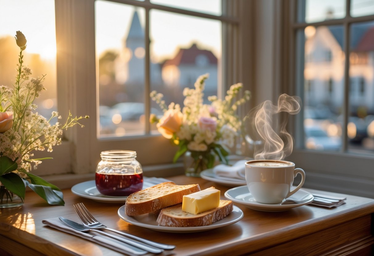 A breakfast table with toast, coffee, and jam by a window showing historic Charleston buildings at sunrise.