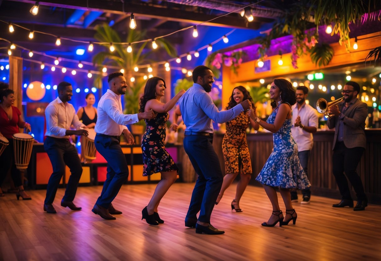 Couples and friends dancing salsa in a warmly lit Latin cafe with colorful decor and live musicians.