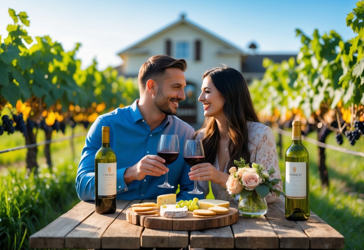 A couple enjoying wine tasting outdoors at a winery surrounded by grapevines and greenery.