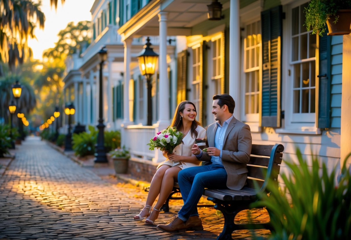 A young couple sitting on a bench in a historic Charleston street during sunset, surrounded by colorful houses and greenery.