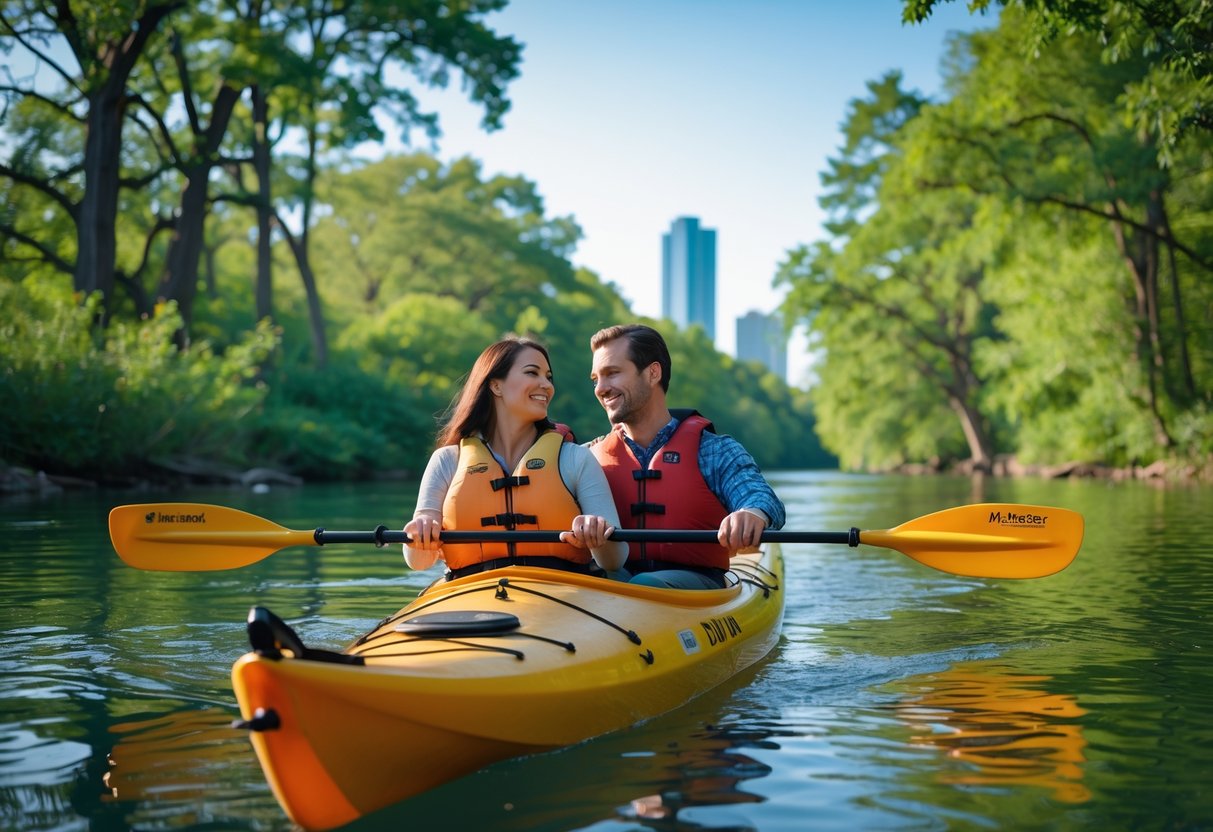 A couple kayaking together on a calm river surrounded by green trees.