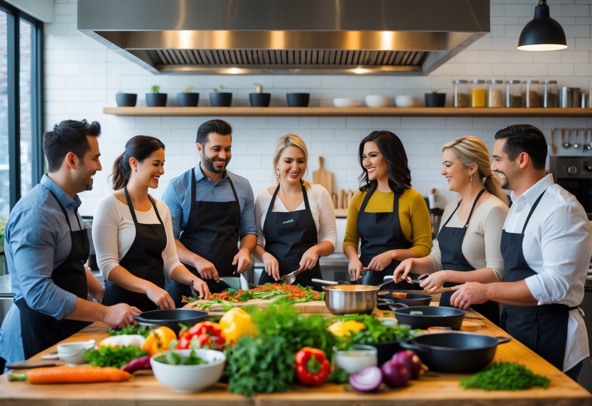 Couples participating in a cooking class together in a bright, modern kitchen studio.