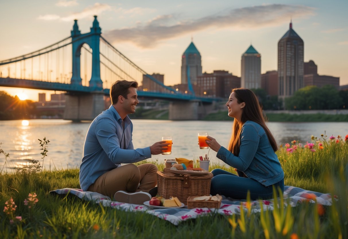 A young couple having a picnic at a park near the Cincinnati skyline and a suspension bridge during sunset.