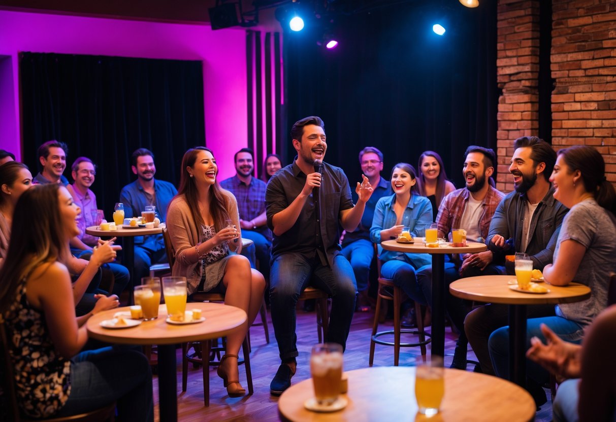 Couples and friends laughing and enjoying a comedy show at a cozy suburban theater with a comedian performing on stage.