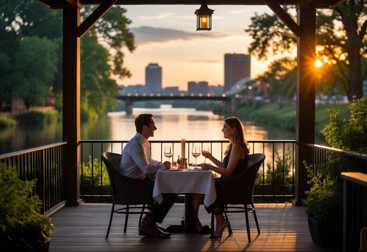 Couple enjoying a romantic dinner on a wooden deck overlooking the Ohio River with trees and city skyline in the background.
