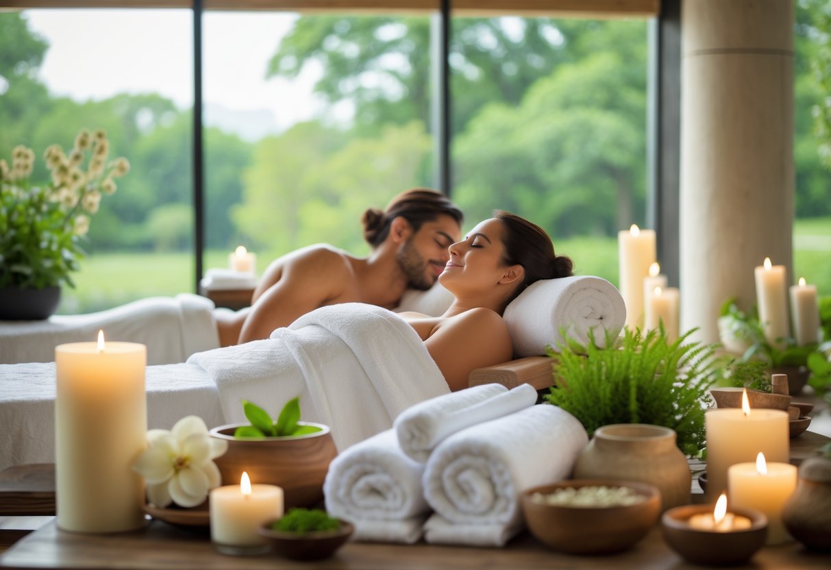 A couple enjoying a relaxing spa treatment together in a peaceful spa room with large windows showing green trees outside.
