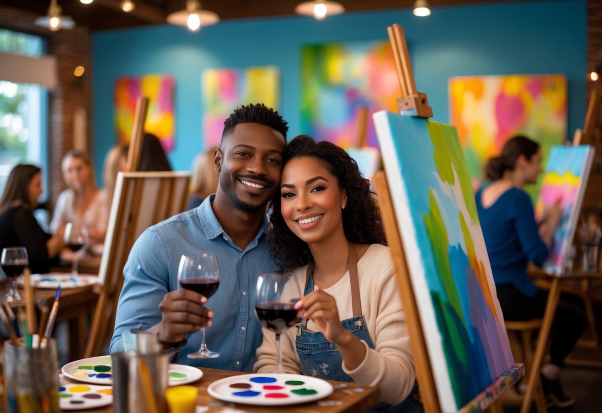 A couple painting on canvases and drinking wine together in a cozy art studio with warm lighting.