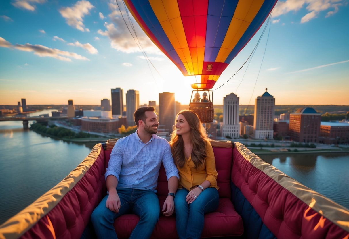 A couple enjoying a hot air balloon ride over the Cincinnati city skyline near the Ohio River during sunset.