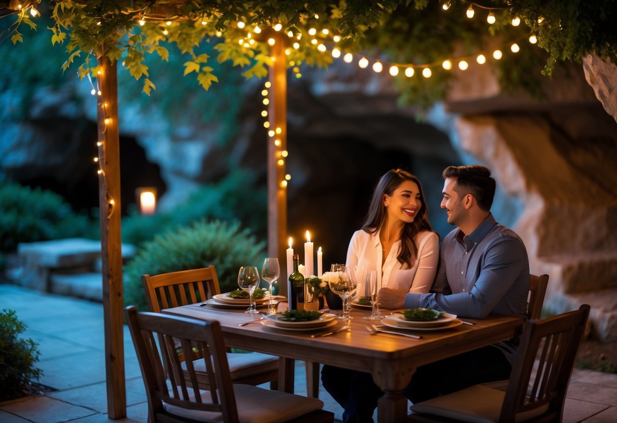 A couple enjoying a romantic dinner at an outdoor patio near a cave surrounded by greenery and soft lights.