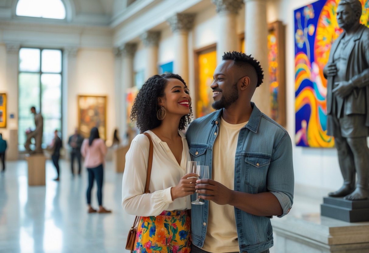 A couple looking at artwork together inside the Cincinnati Art Museum.