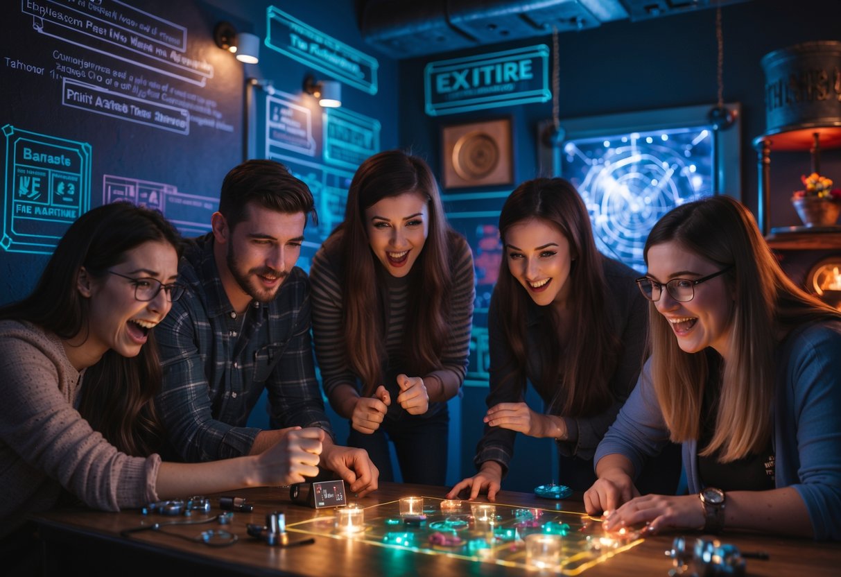 Four friends working together to solve puzzles in an escape room with themed decorations and dim lighting.