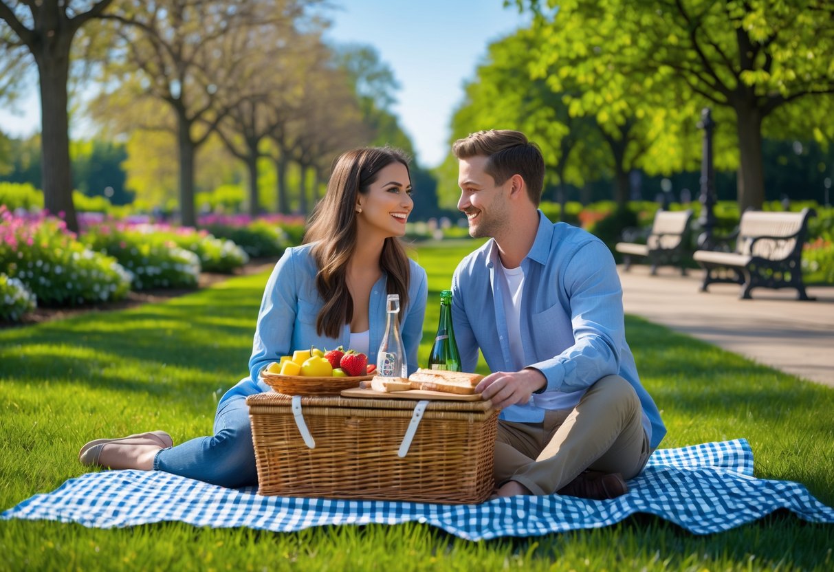 A young couple enjoying a picnic on a blanket in a green park surrounded by flowers and trees.