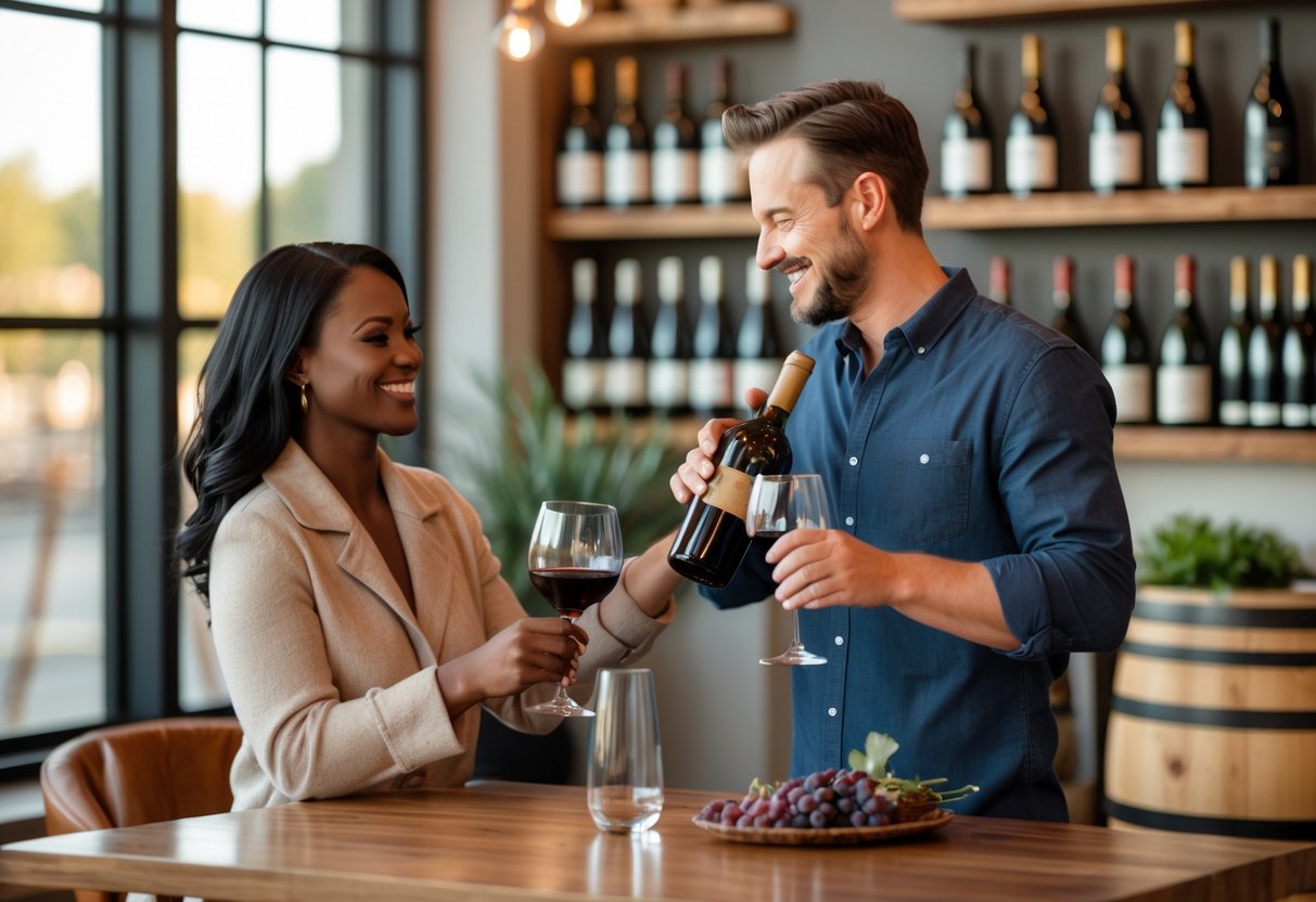 A couple tasting wine together in a cozy wine tasting room with wooden tables and shelves of wine bottles.