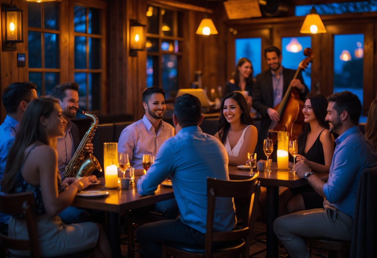Couples enjoying live jazz music at a cozy jazz club with warm lighting and a small stage in the Chicago suburbs.