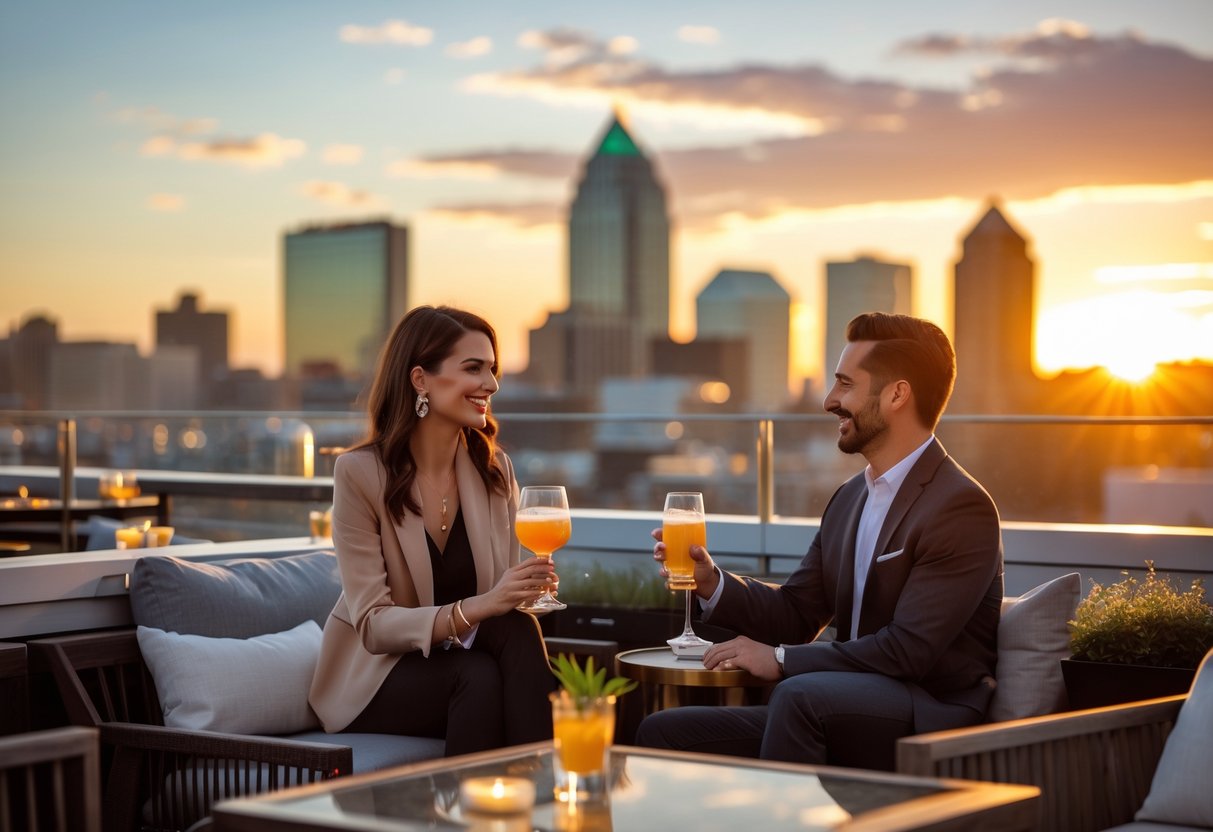A couple enjoying drinks together on a rooftop at sunset with the Kansas City skyline in the background.