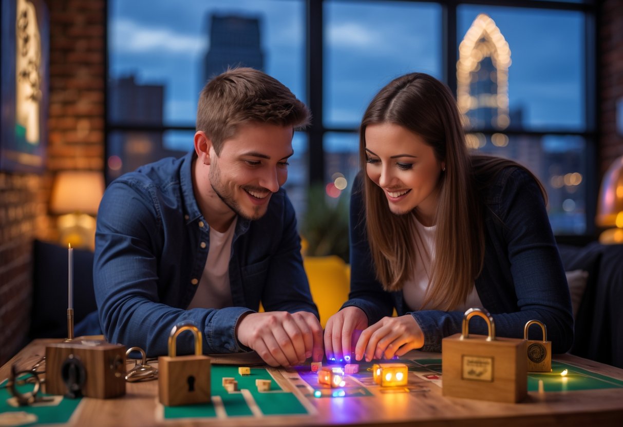 A young couple working together on puzzles inside an escape room, surrounded by locks and clues.