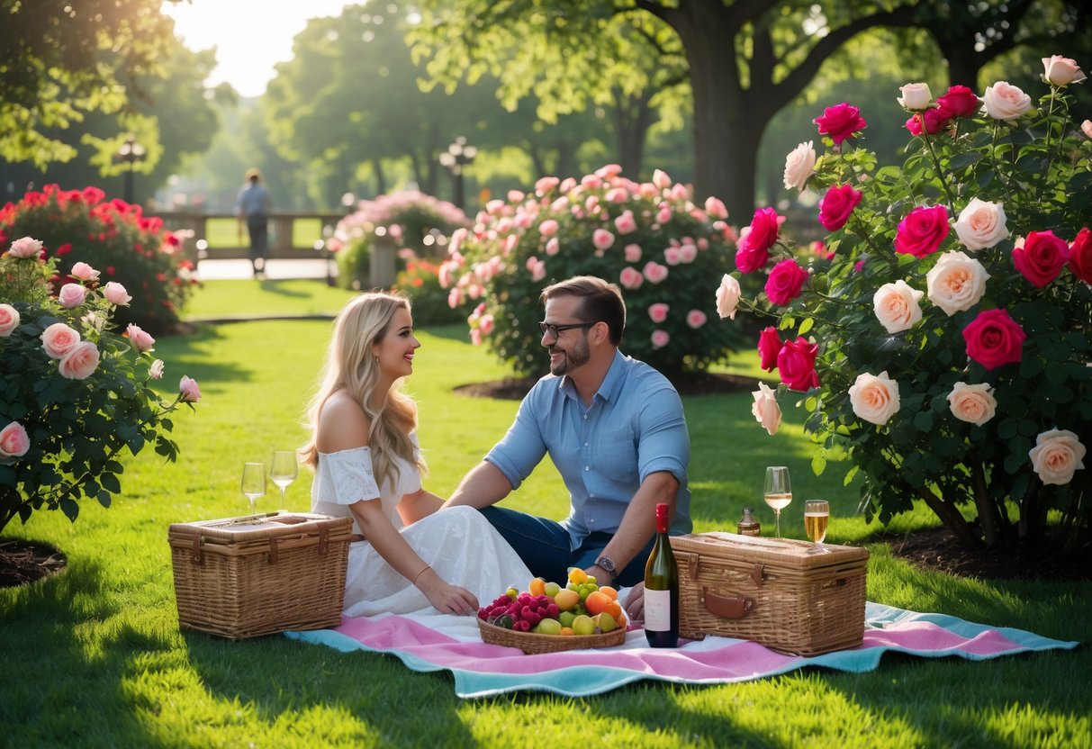A couple having a picnic on a blanket surrounded by blooming rose bushes in a park garden.