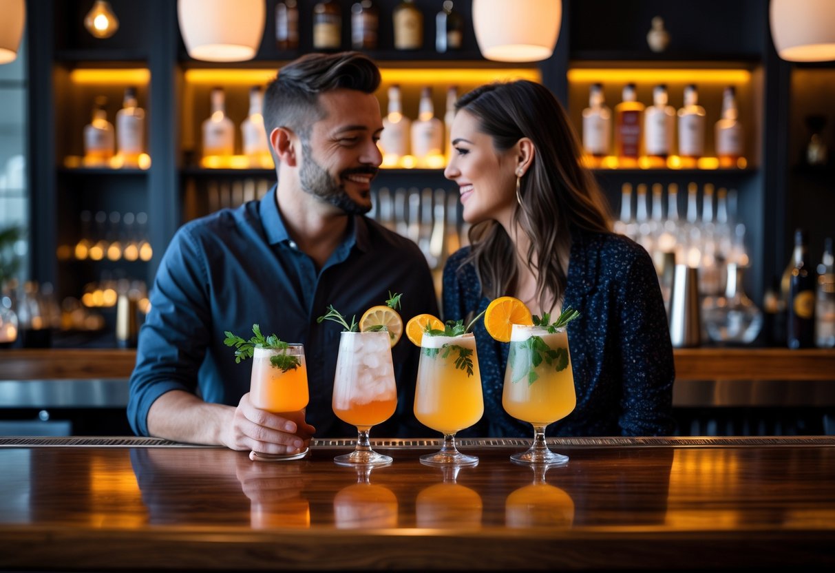 A couple enjoying craft cocktails together at a bar in a cozy, well-lit setting.
