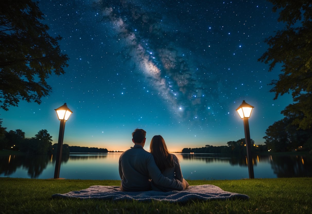 A couple sitting on a blanket by a lake at night, looking up at a star-filled sky surrounded by trees.