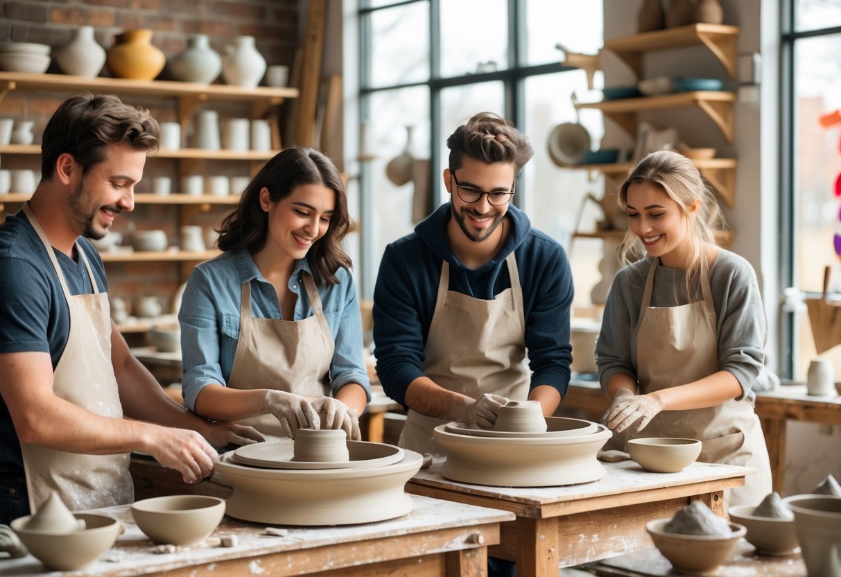 Couple shaping clay on pottery wheels in a bright pottery studio with shelves of ceramics and pottery tools around them.