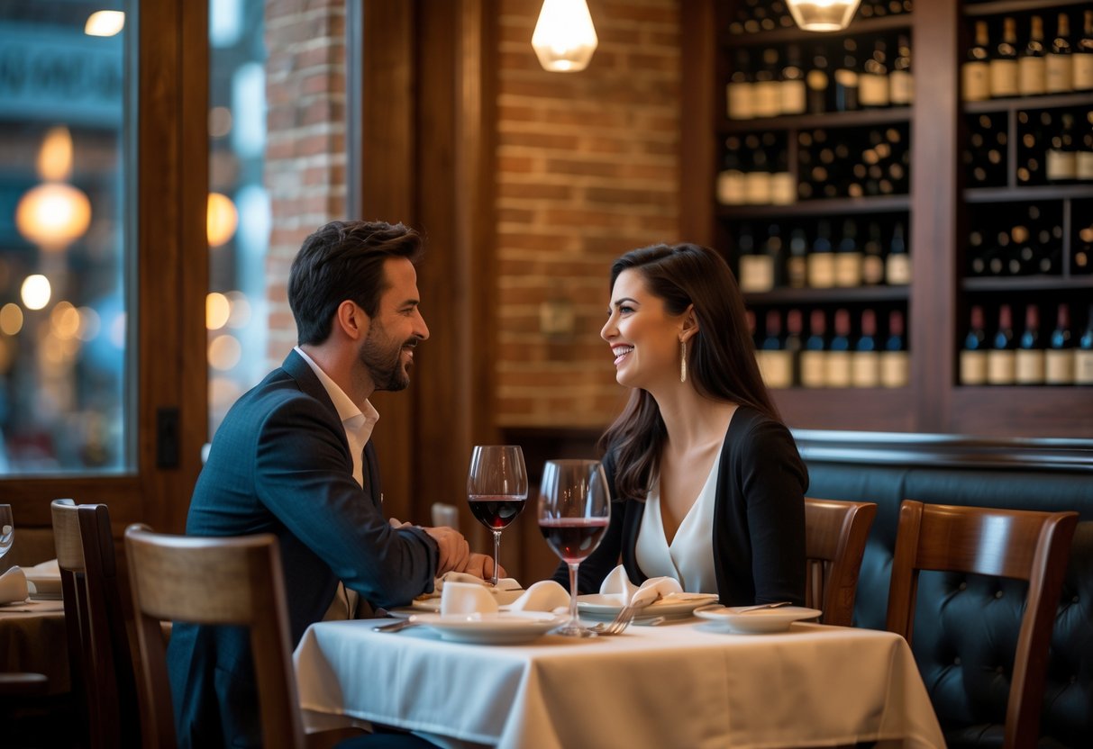 A couple enjoying a romantic dinner at an Italian restaurant with warm lighting and cozy decor.