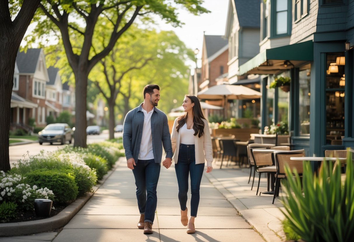 A couple walking hand-in-hand along a tree-lined sidewalk in a Chicago suburb with houses and flowers in the background.