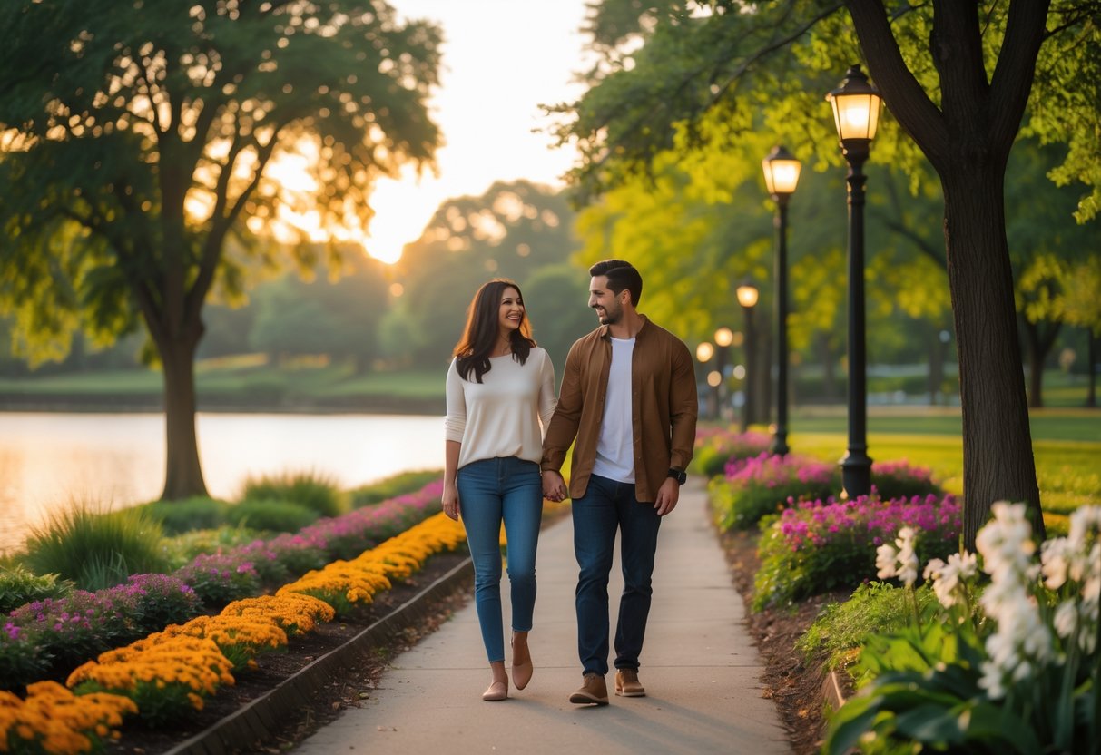 A couple walking hand-in-hand on a path surrounded by trees and flowers in a park near a calm lake.