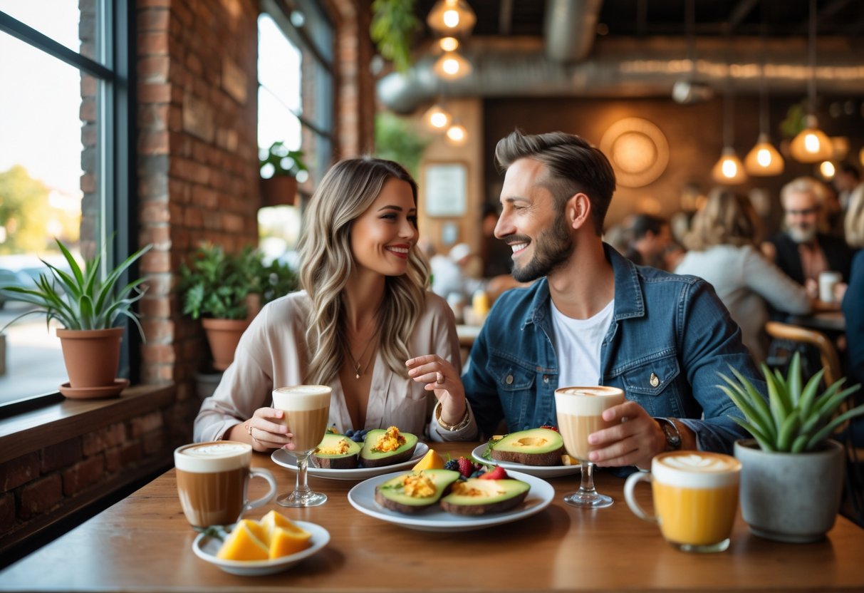 A couple enjoying a weekend brunch together at a cozy café with food and coffee on the table.