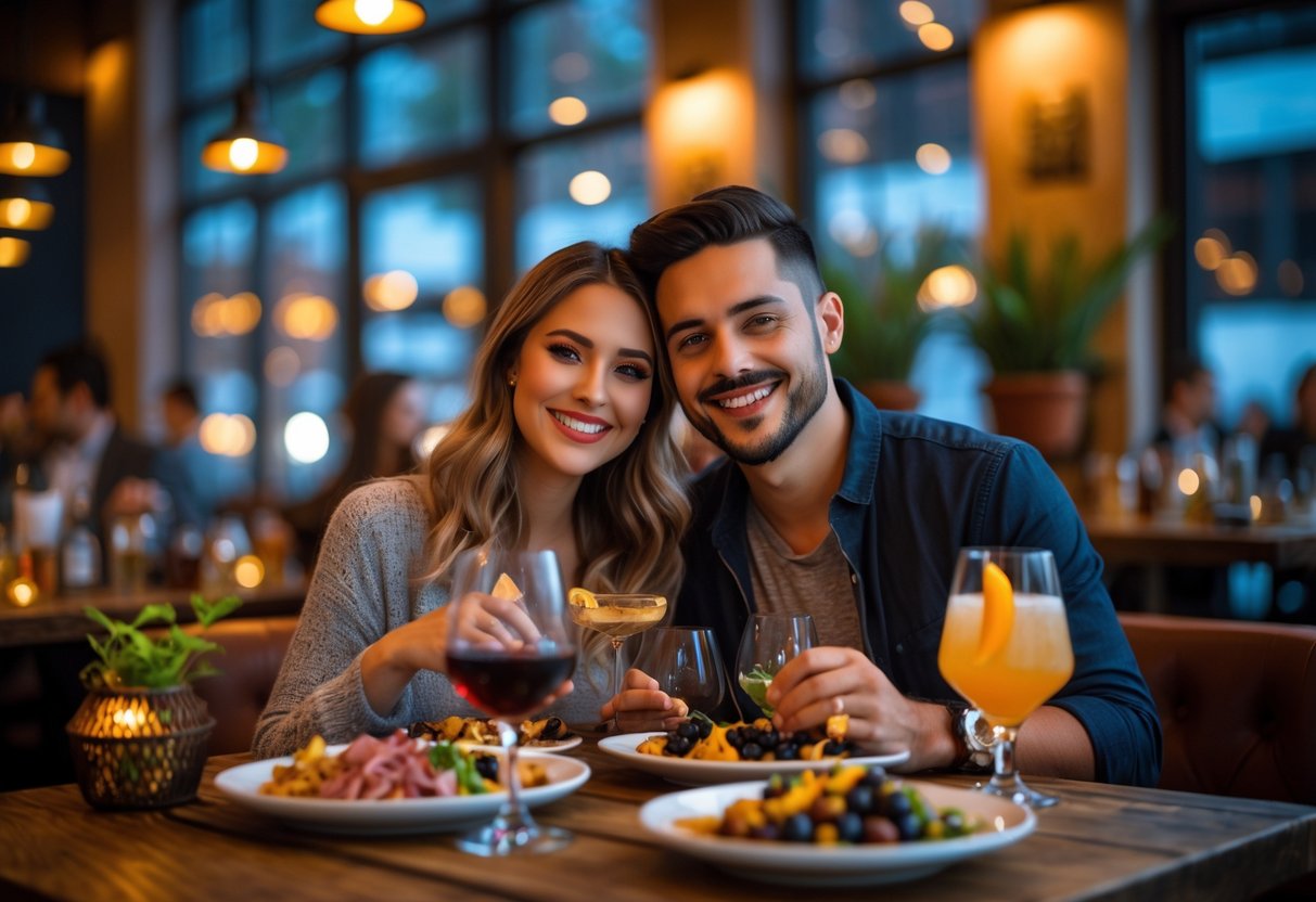 A couple enjoying tapas and drinks together at a cozy restaurant table.